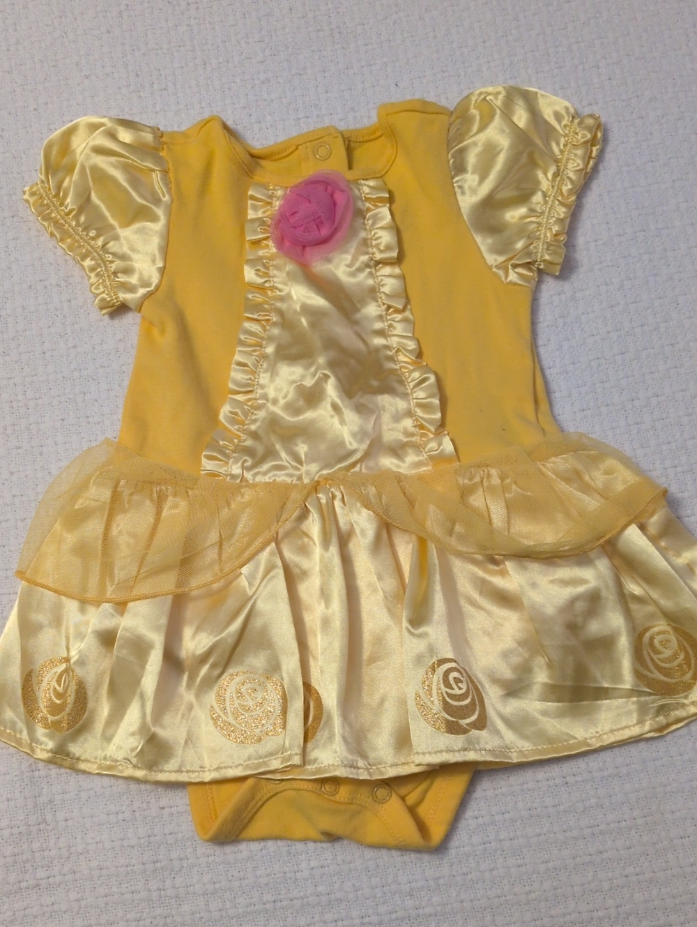 Disney Yellow Princess Satin & Tulle Dress Bodysuit with Pink Rosette